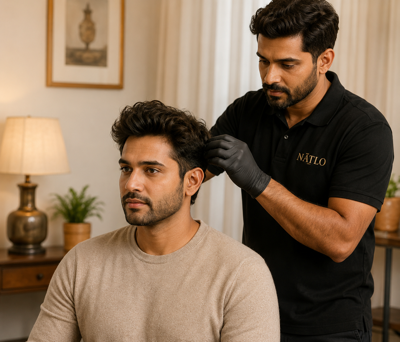 Natlo technician fitting a hair system for a client at home