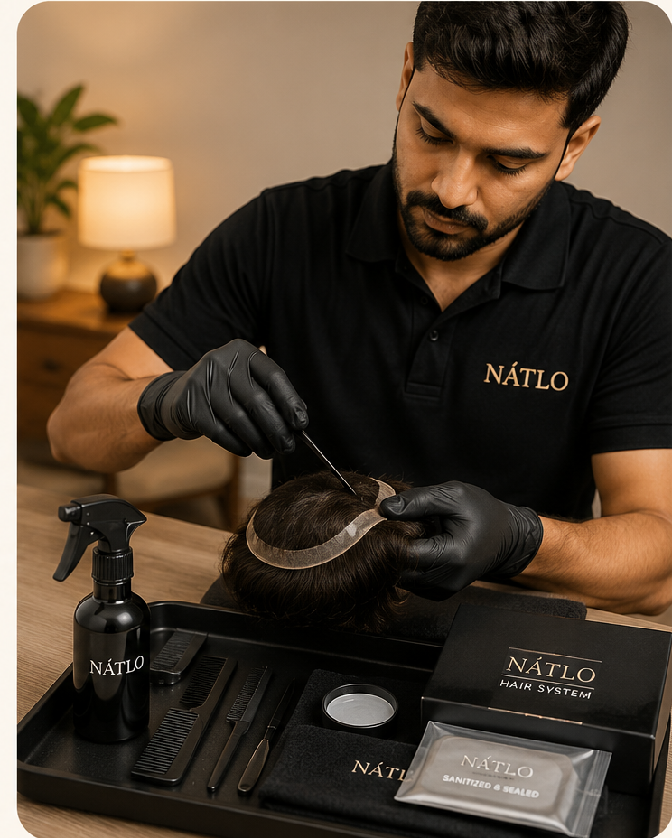 Close-up of technician maintaining a hair system